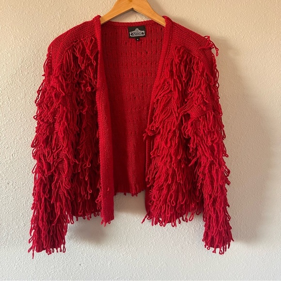 Angie Red Shaggy Fringe Knit Cardigan Open Front Statement Sweater Size Small - Picture 1 of 5